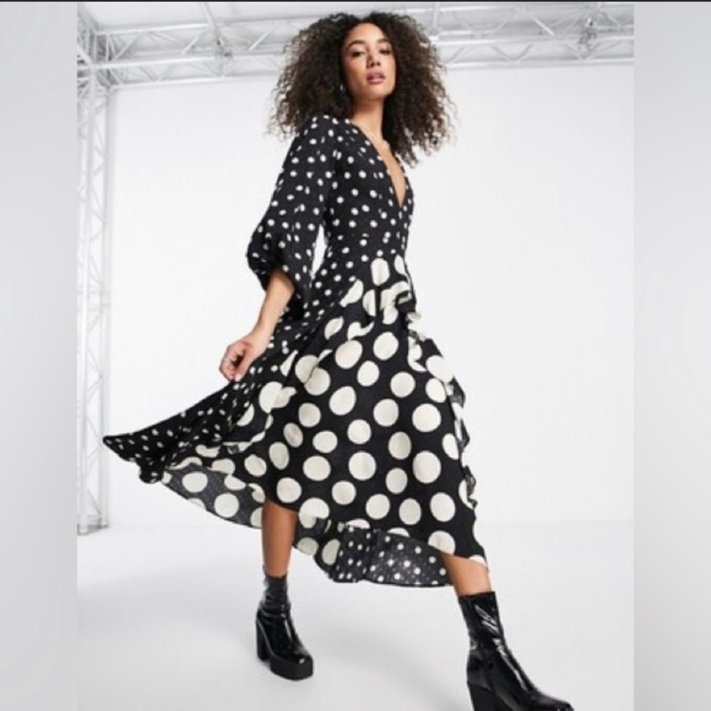 New Topshop Mixed Spot Long Sleeve Ruffle Midi Dress Polka Dot Black White Tie